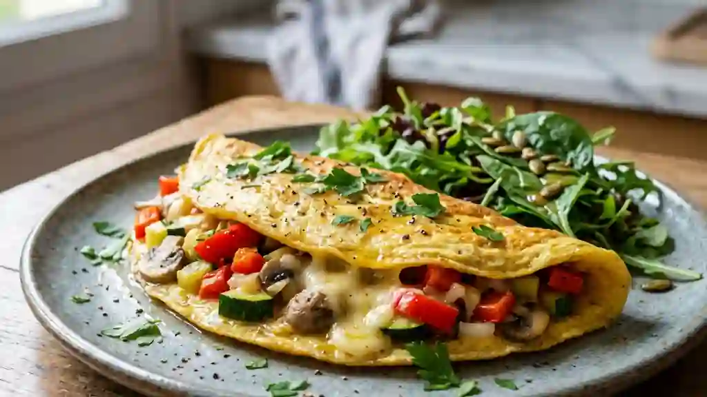 Omelette fondante aux légumes croquants et fromage - Photo de présentation
