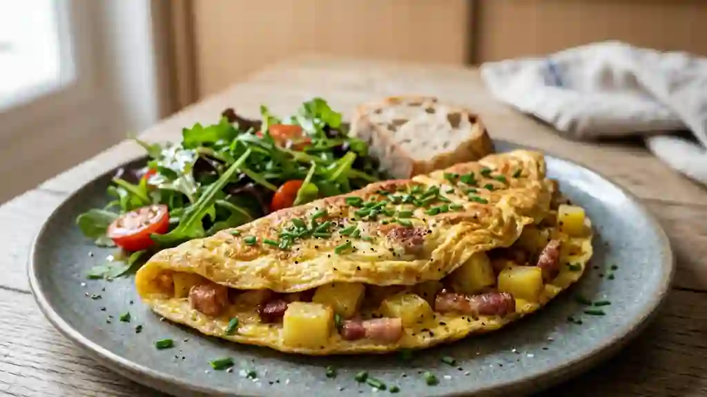 Omelette aux pommes de terre et lardons grillés - Photo de présentation