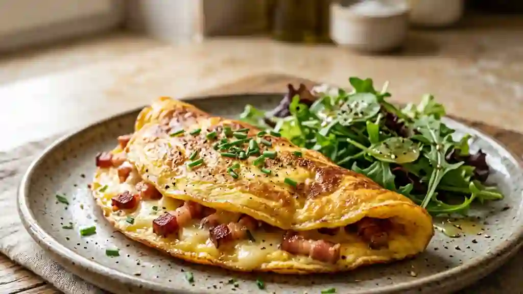Omelette lorraine fondante et lardons grillés - Photo de présentation