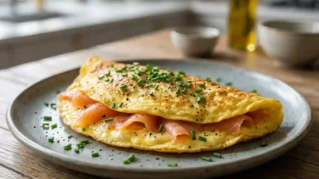 Omelette crémeuse au saumon fumé et ciboulette - Photo de présentation