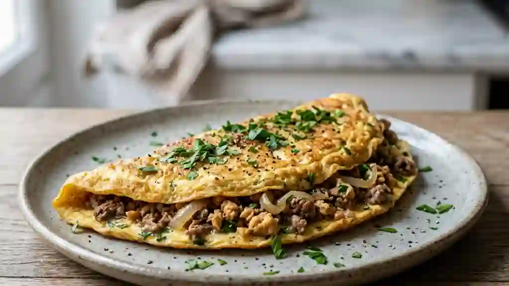Omelette moelleuse au bœuf haché et soja - Photo de présentation
