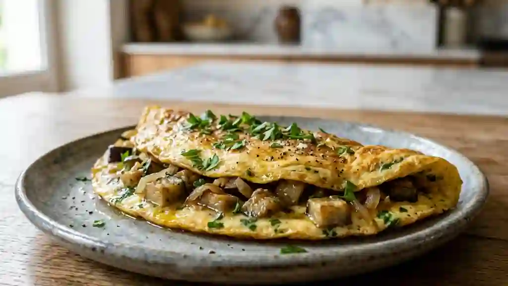 Omelette fondante aux aubergines et persil - Photo de présentation