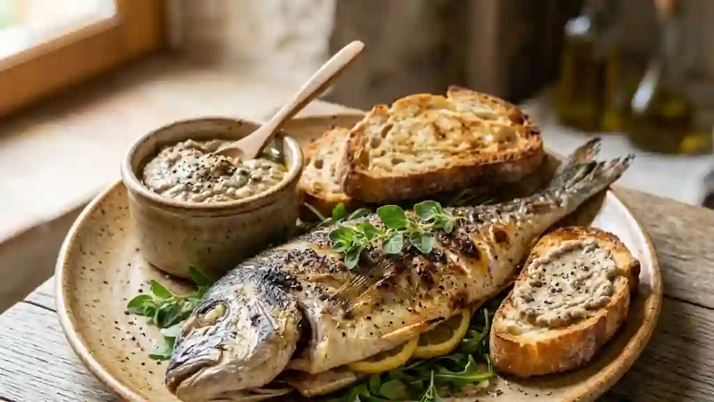 Pageot grillé à l'anchoïade et pain toasté - Photo de présentation