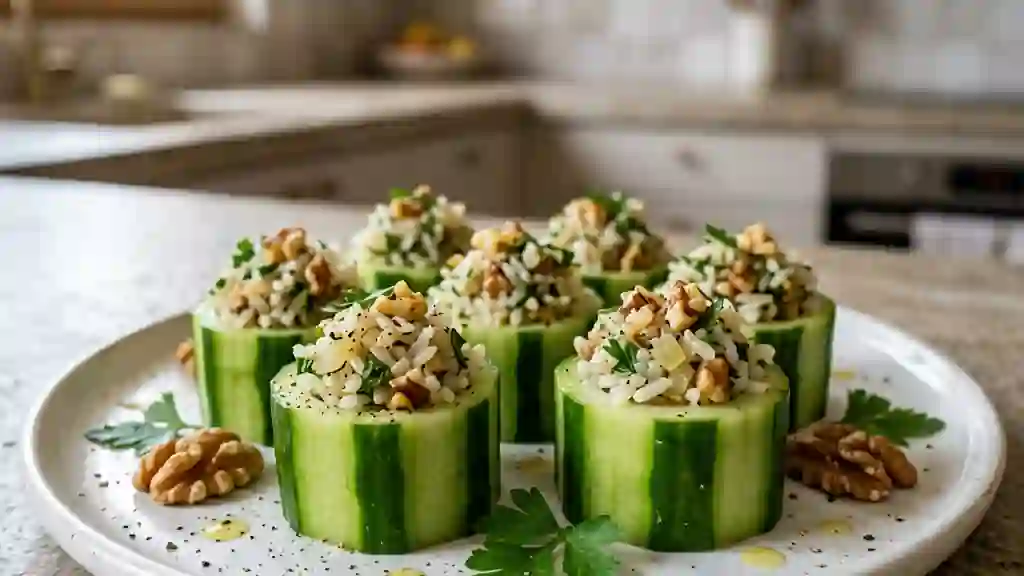 Pagodes de concombre croquantes au riz et noix - Photo de présentation
