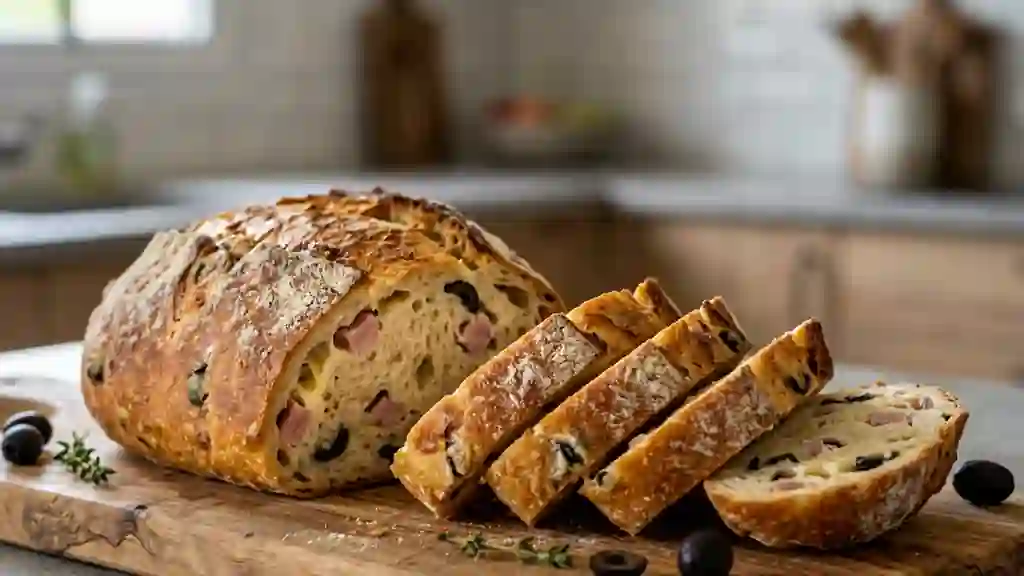 Pain roulé moelleux jambon, olives et gruyère - Photo de présentation