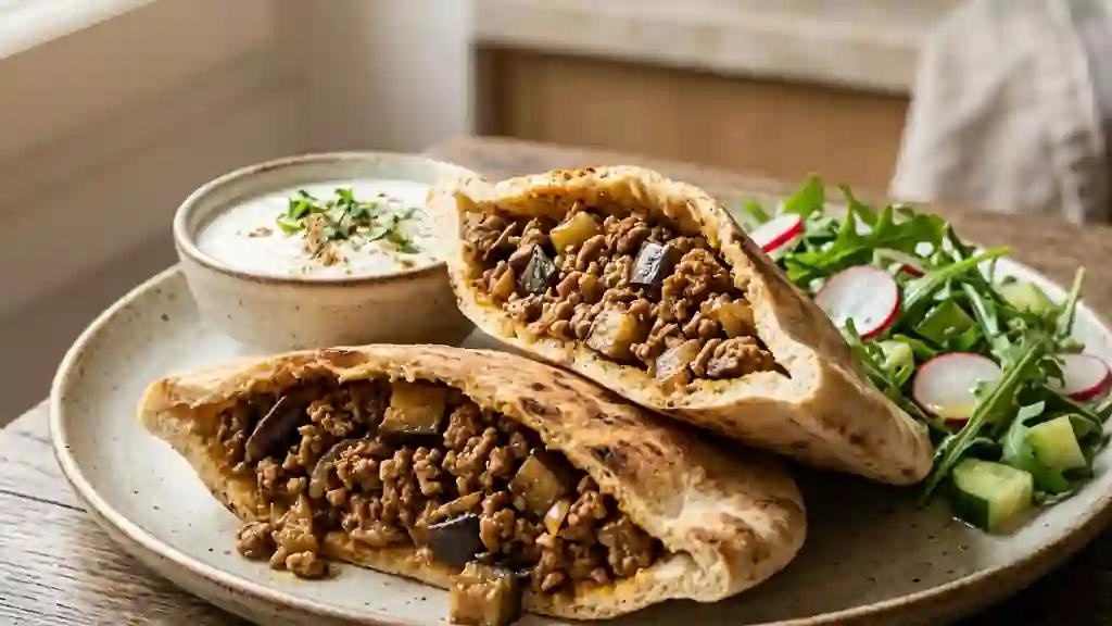 Pita d'agneau fondant aux aubergines épicées - Photo de présentation