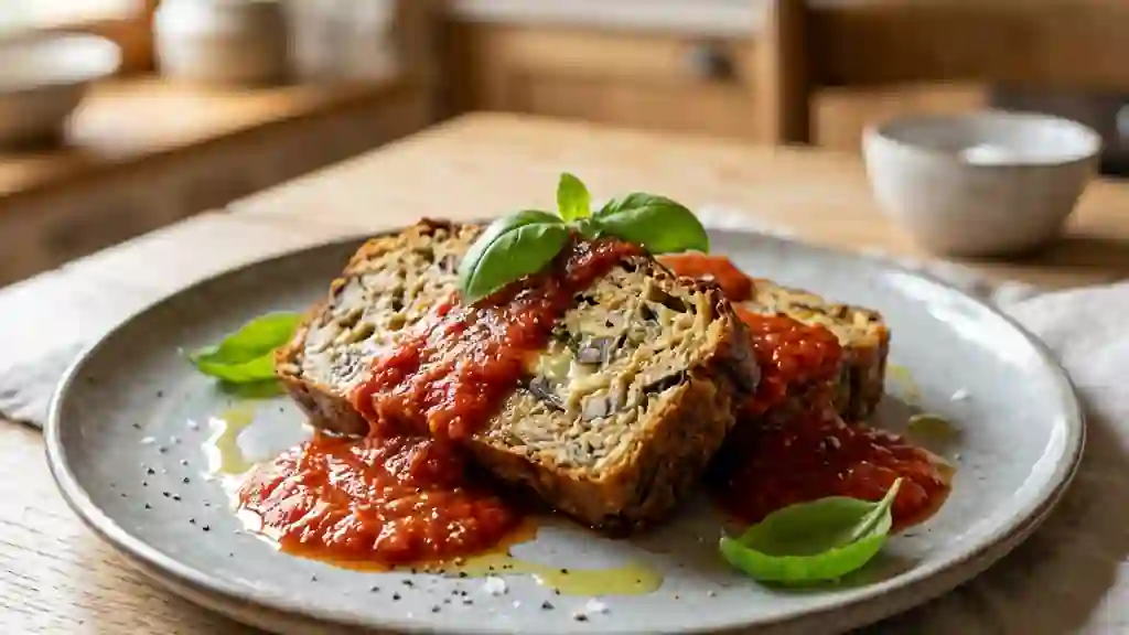 Pain d'aubergine fondant au coulis de basilic - Photo de présentation