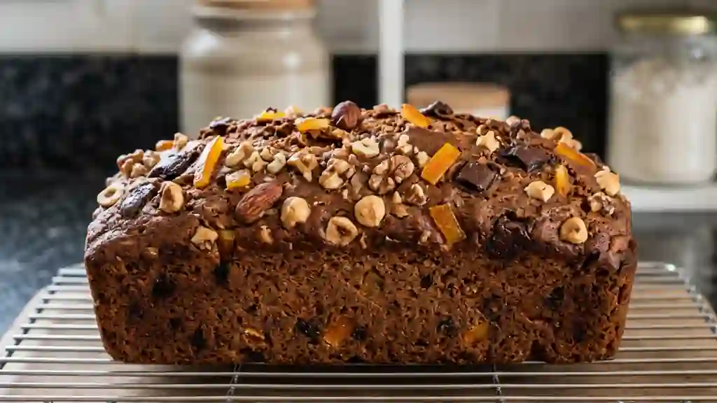 Pain d'épices rustique, fruits secs et chocolat - Photo de présentation
