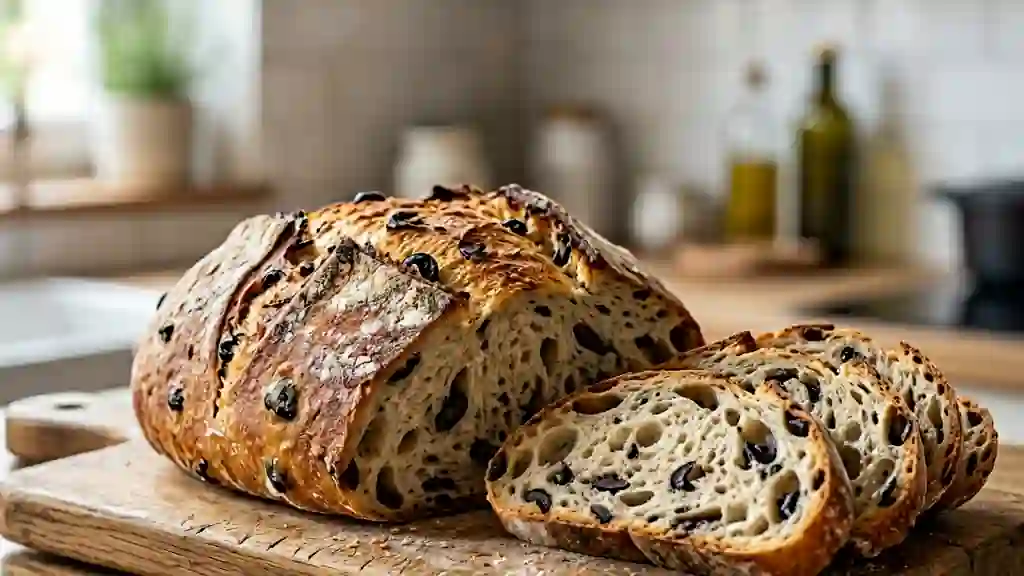 Pain rustique aux olives noires et huile d'olive - Photo de présentation