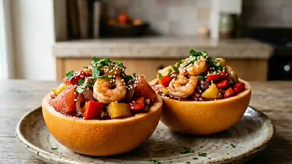 Pamplemousse farci crevettes, miel et gingembre - Photo de présentation