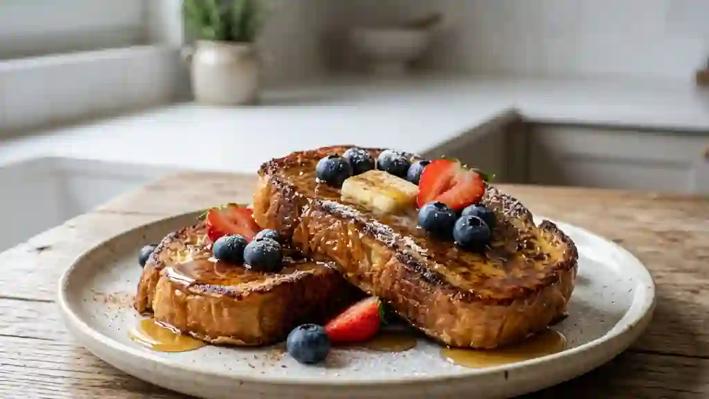 Pancakes de pain perdu dorés et moelleux - Photo de présentation