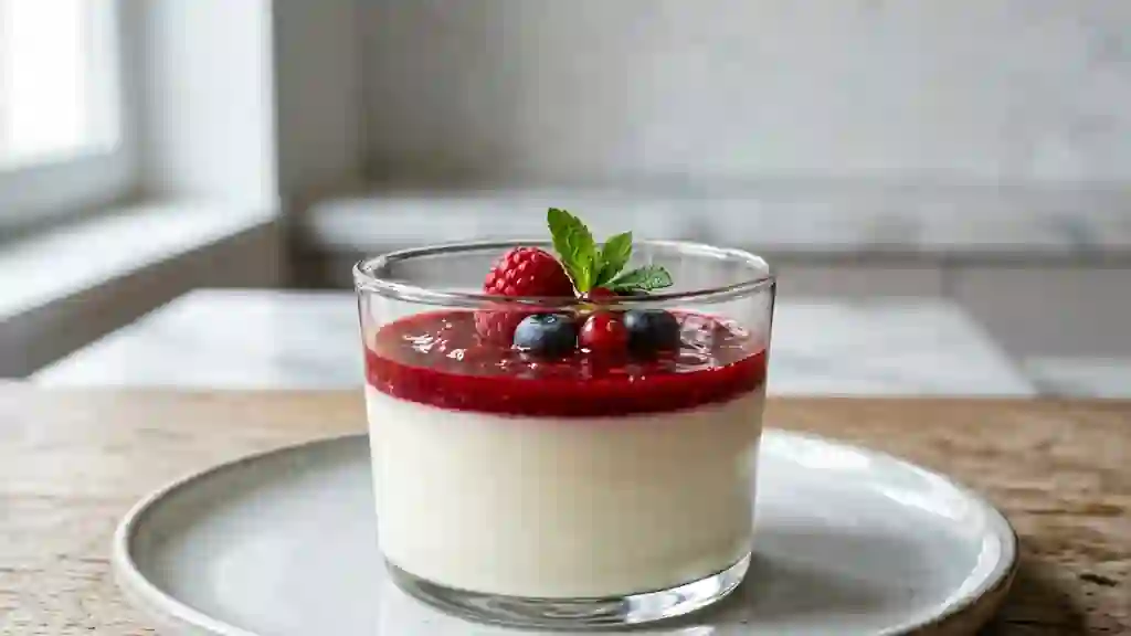 Panna cotta crémeuse à l'orgeat et fruits rouges - Photo de présentation