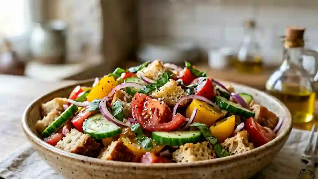 Panzanella toscane au basilic et tomates juteuses - Photo de présentation