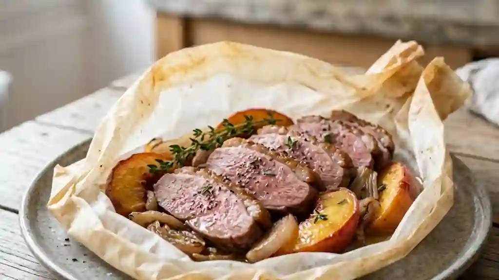 Papillotes de canard aux pêches fondantes - Photo de présentation