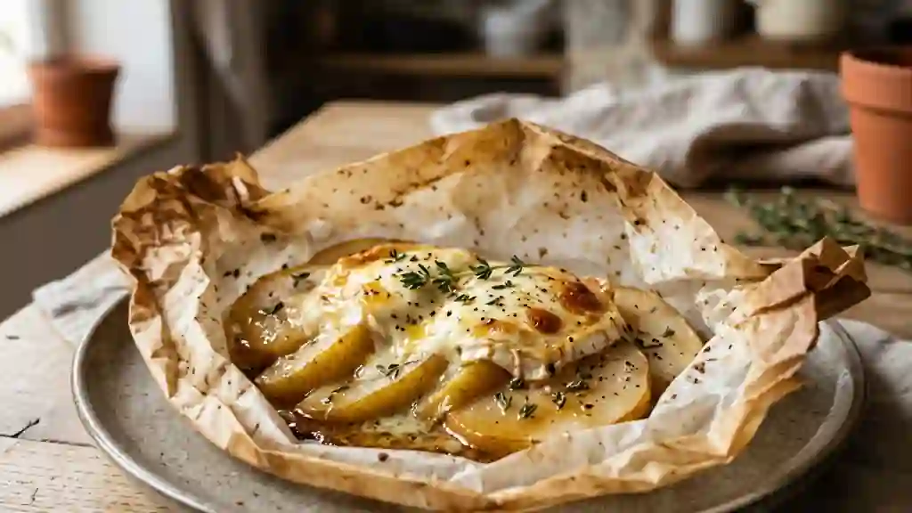 Papillotes fondantes de chèvre au miel et poires - Photo de présentation
