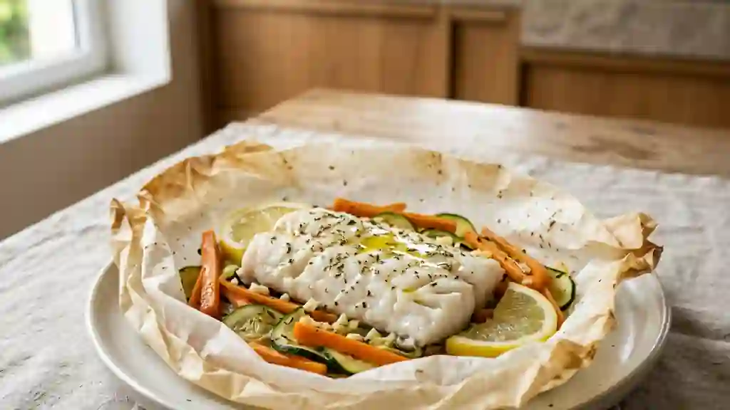 Papillote de poisson fondant aux petits légumes - Photo de présentation