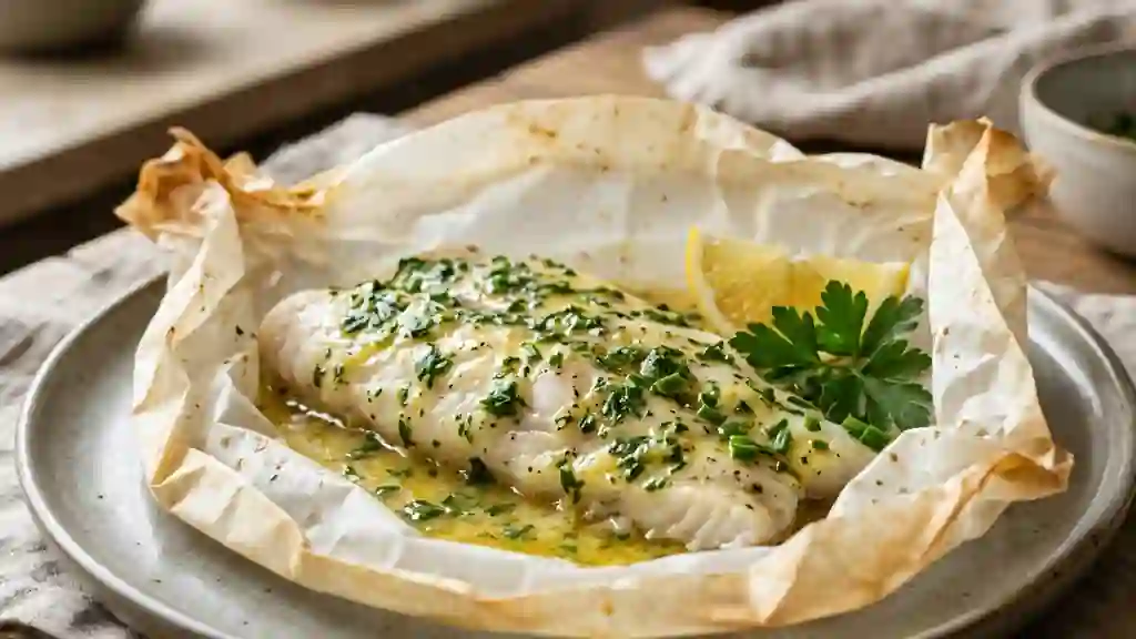 Lieu fondant au beurre d'herbes fraîches - Photo de présentation