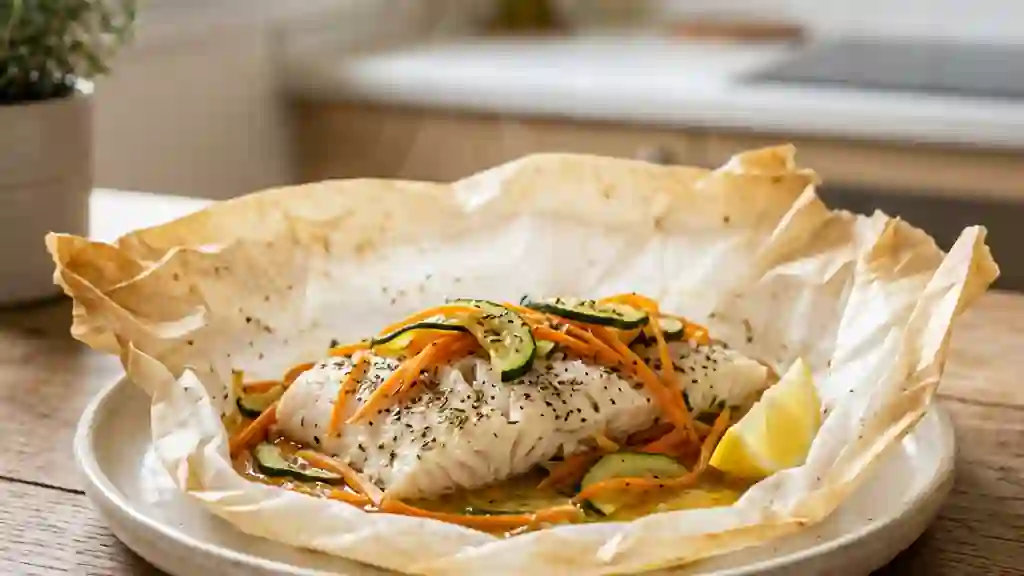 Poisson en papillote citronnée et légumes fondants - Photo de présentation