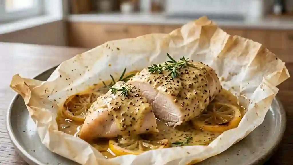 Papillote de poulet moutarde et citron fondante - Photo de présentation
