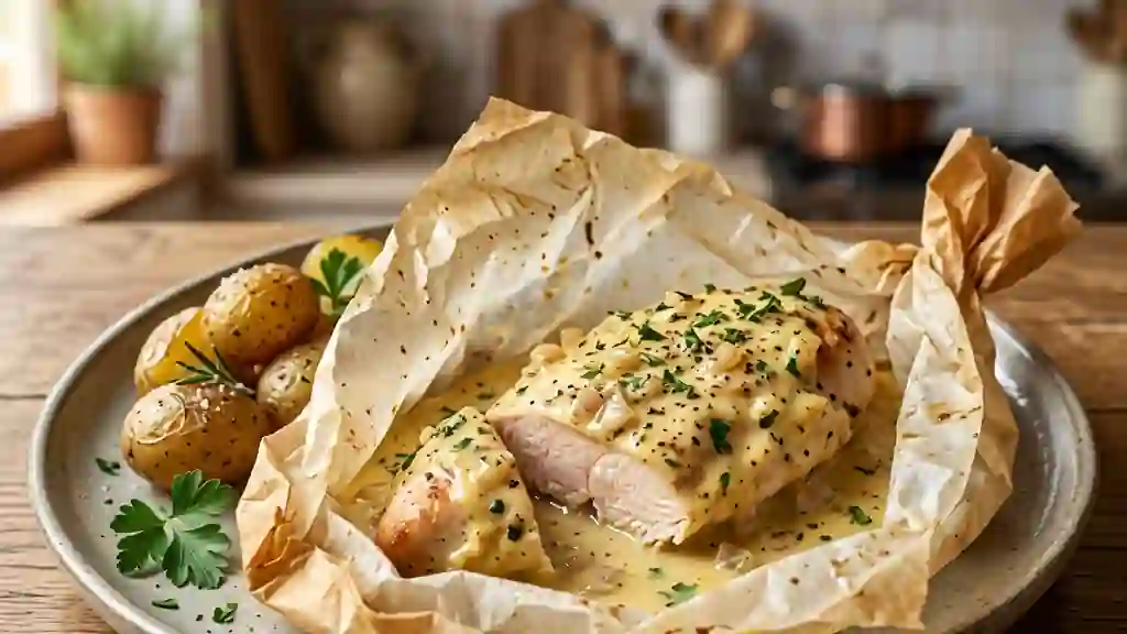 Poulet moelleux à la moutarde en papillote - Photo de présentation
