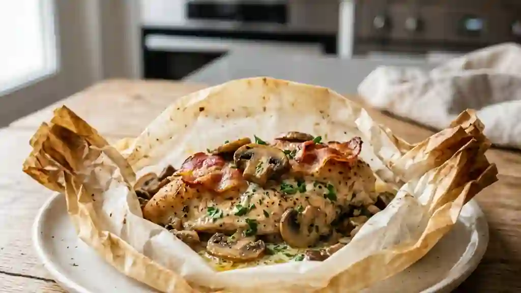 Papillotes de poulet fumé et champignons crémeux - Photo de présentation