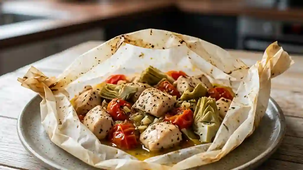 Poulet juteux aux artichauts et tomates confites - Photo de présentation