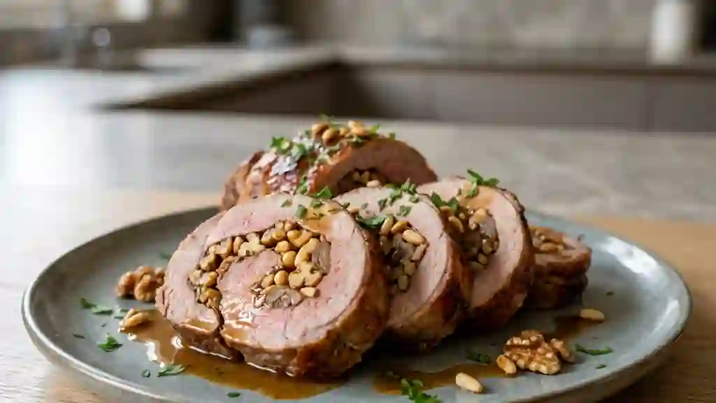 Rôti de veau roulé au croquant de noix - Photo de présentation