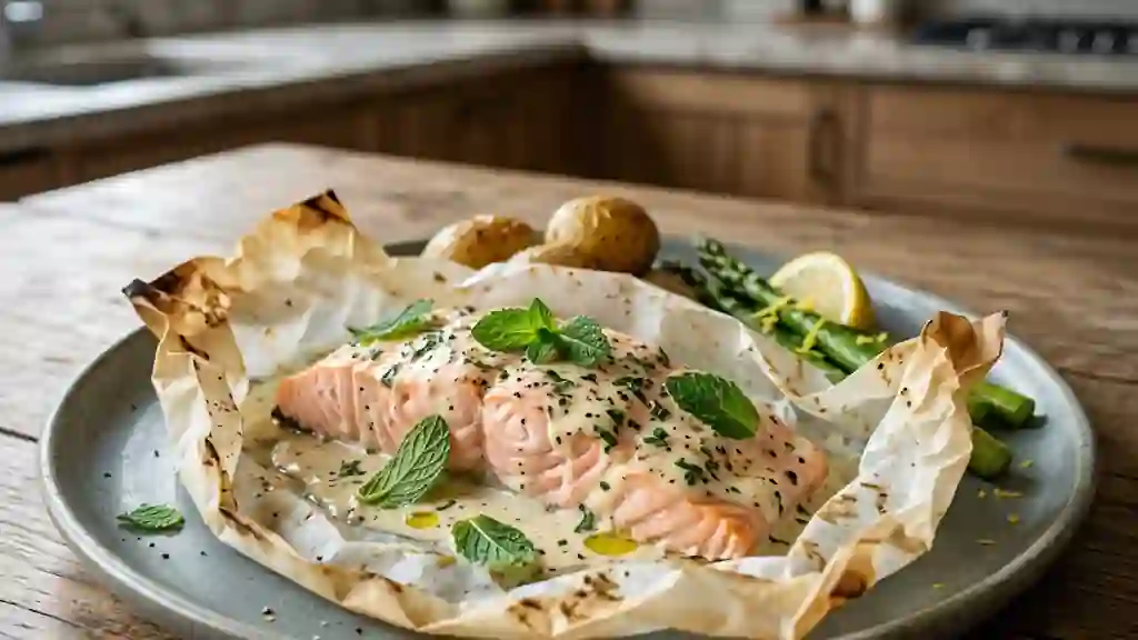 Saumon en papillote crème et menthe fraîche - Photo de présentation