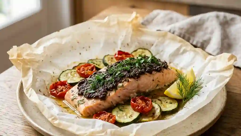 Saumon fondant à la tapenade et petits légumes - Photo de présentation