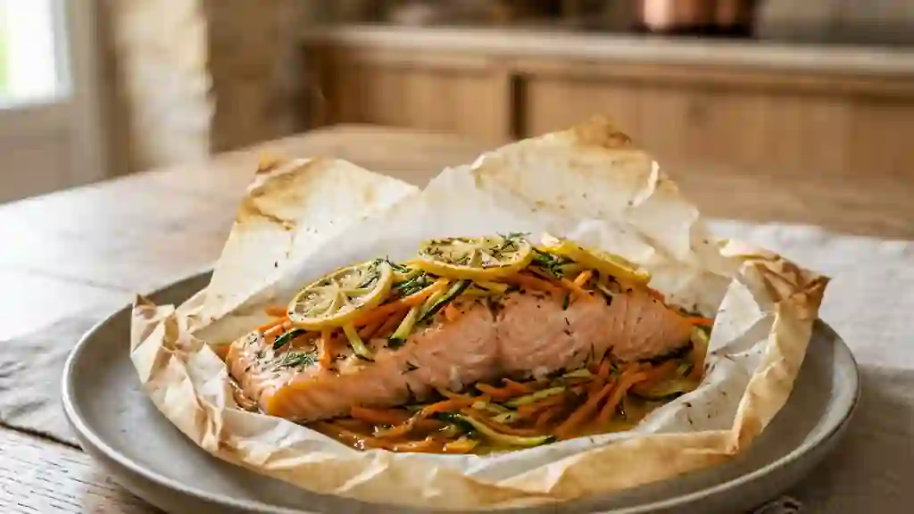 Saumon fondant en papillote et julienne croquante - Photo de présentation