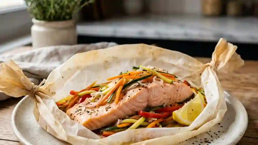Papillote de saumon fondant et petits légumes - Photo de présentation
