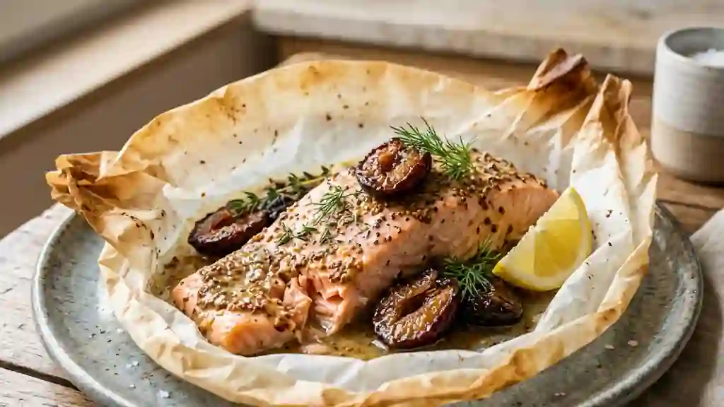 Saumon fondant aux pruneaux et moutarde douce - Photo de présentation