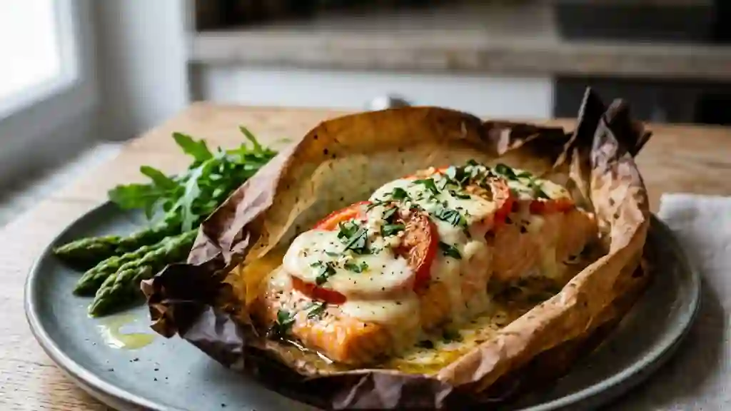 Saumon fondant à la mozzarella et basilic frais - Photo de présentation