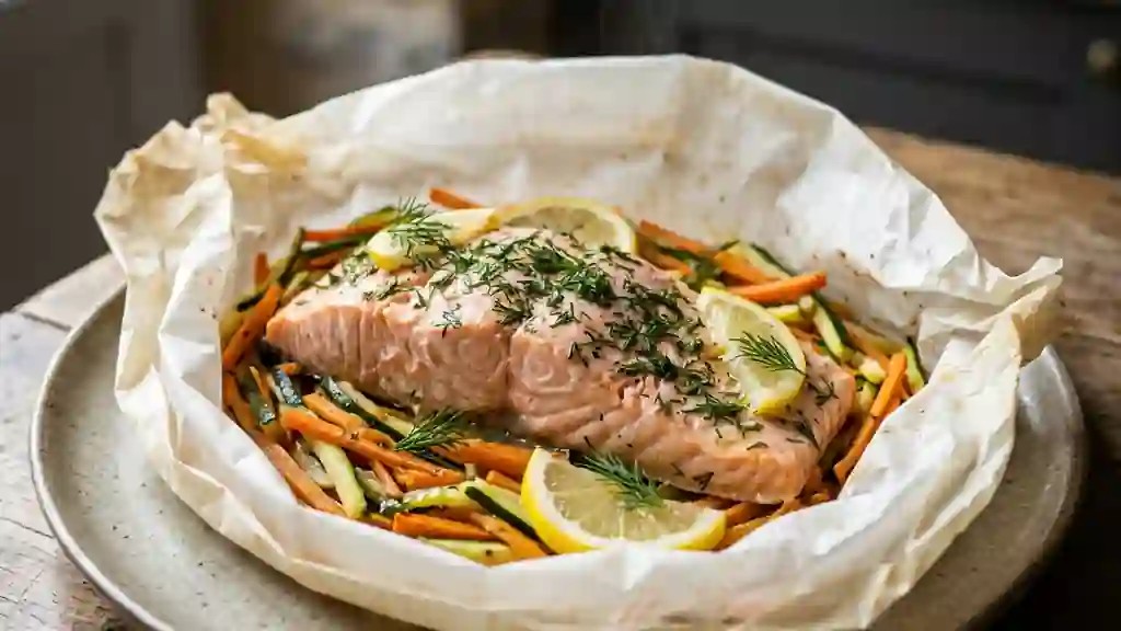 Saumon fondant aux petits légumes et aneth - Photo de présentation