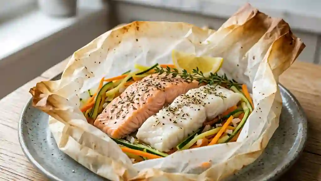 Duo de poissons fondants et petits légumes - Photo de présentation