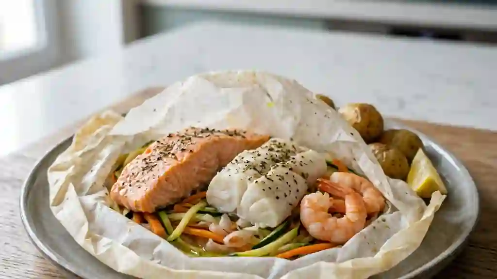 Papillote fondante de trois poissons au citron - Photo de présentation