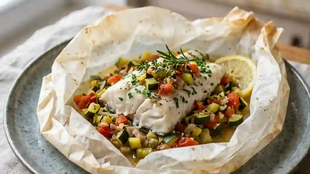 Bar en papillote aux légumes fondants et citron - Photo de présentation