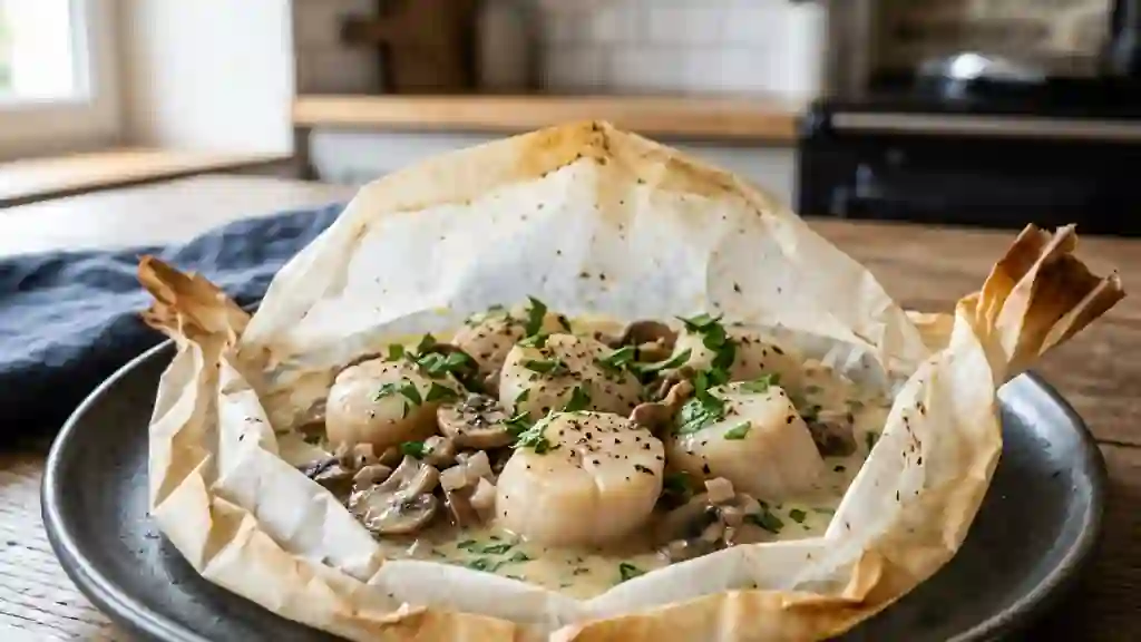 Saint-Jacques en papillote, crème et champignons - Photo de présentation