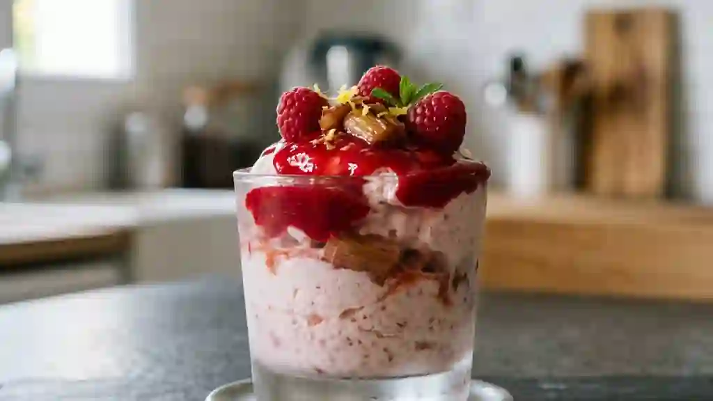 Parfait givré rhubarbe et coulis framboise - Photo de présentation