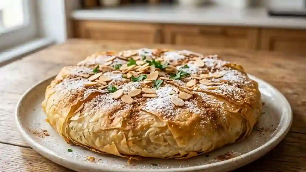 Pastilla au poulet croustillante et amandes - Photo de présentation