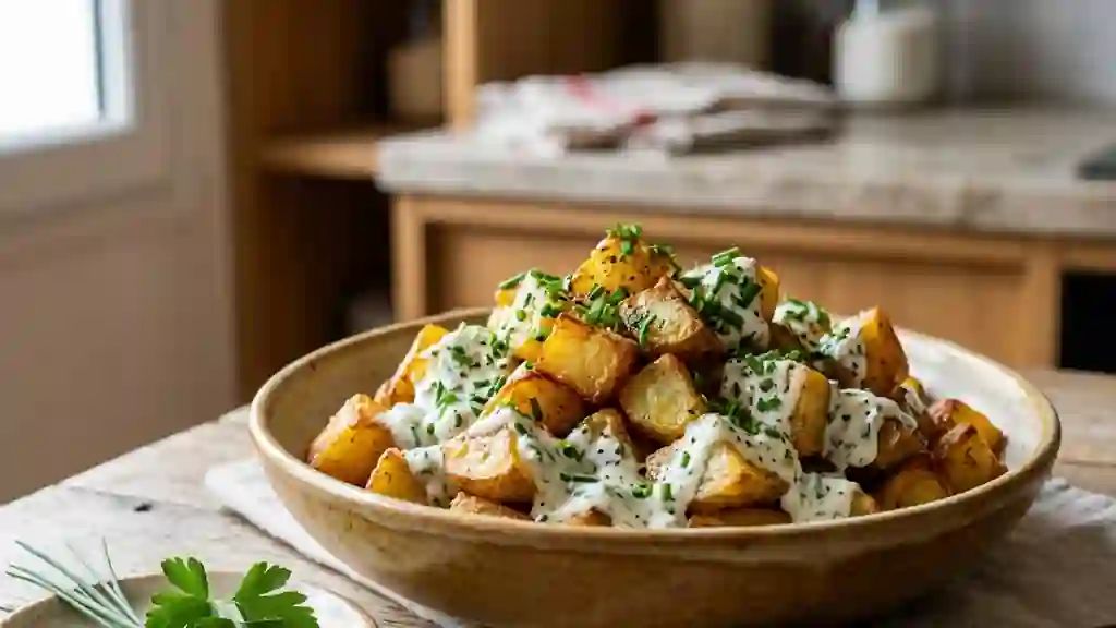 Patates rissolées, crème de yaourt aux herbes - Photo de présentation