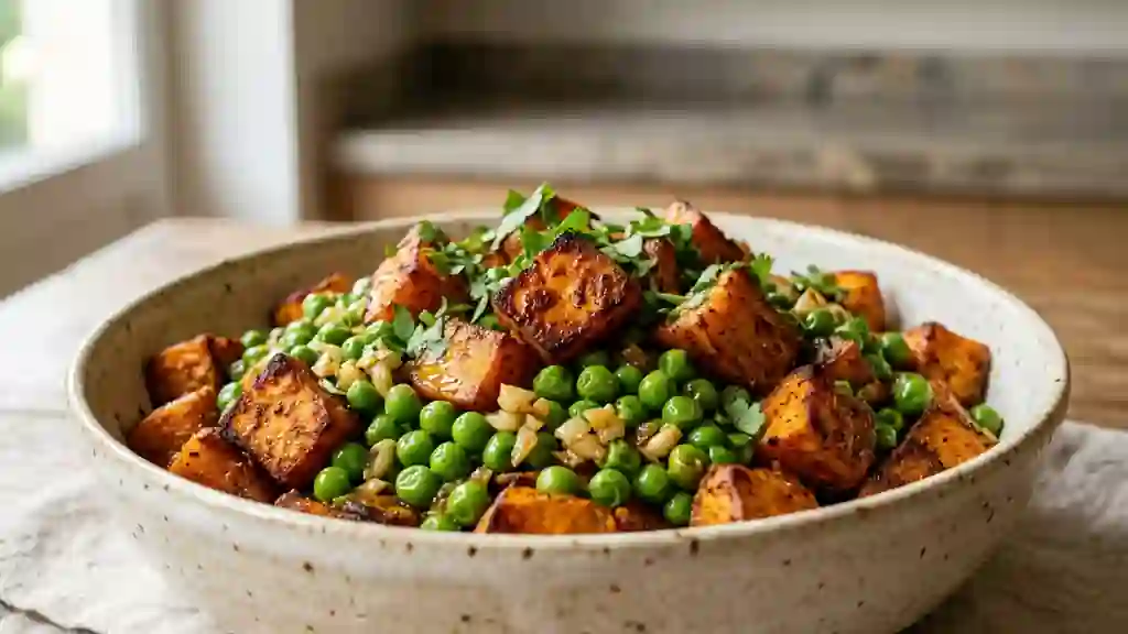 Patates douces rôties au paprika et petits pois - Photo de présentation