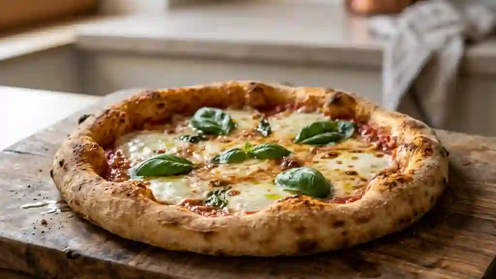 Pâte à pizza aérienne et dorée - Photo de présentation