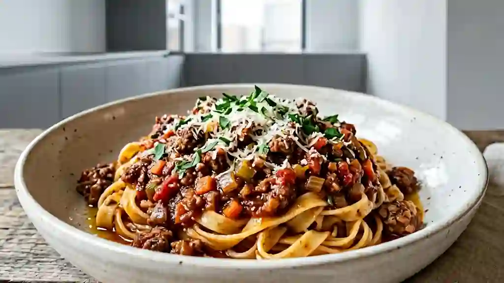 Pâtes bolognaise fondantes au bœuf et parmesan - Photo de présentation