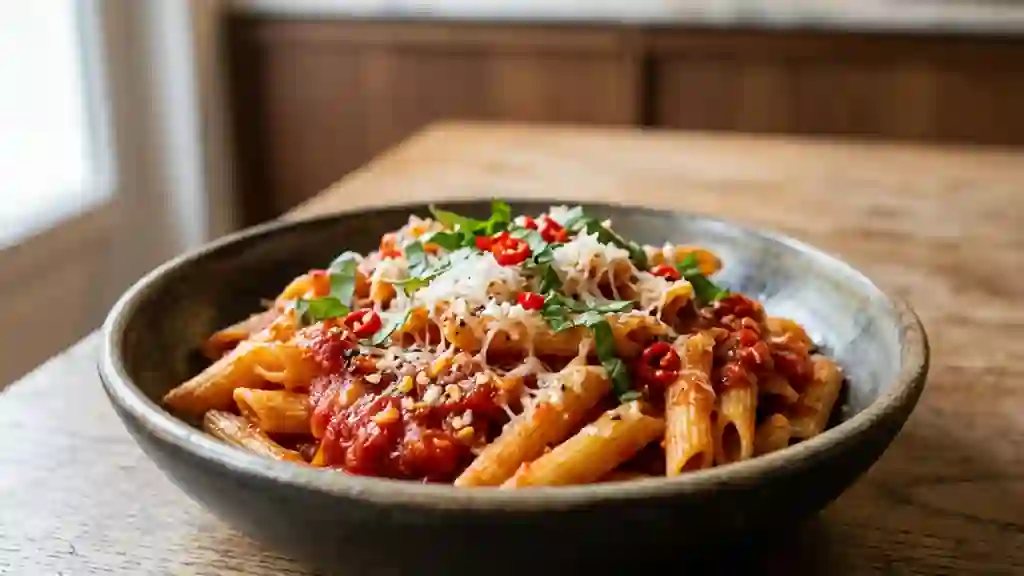 Penne à la sauce tomate piquante et basilic - Photo de présentation