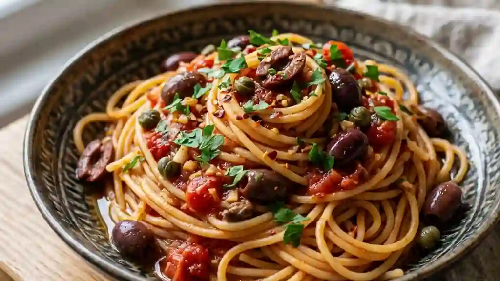 Spaghetti Puttanesca corsés et pimentés - Photo de présentation