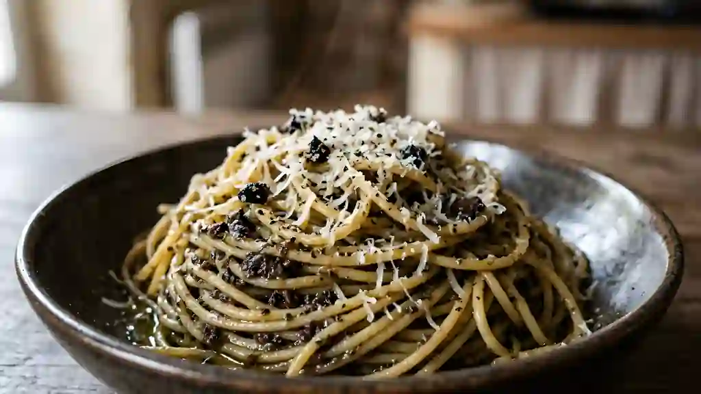 Pâtes à la tapenade intense et parmesan - Photo de présentation
