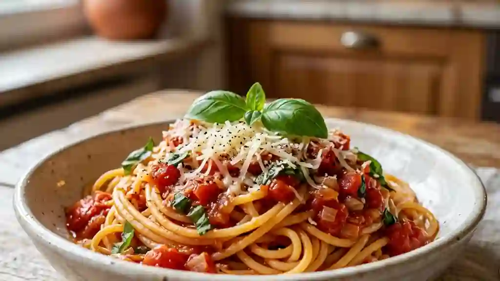 Pâtes fondantes à la tomate et basilic frais - Photo de présentation