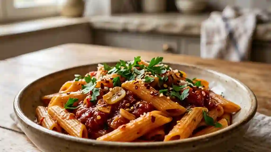 Penne all'arrabbiata relevées à l'ail - Photo de présentation