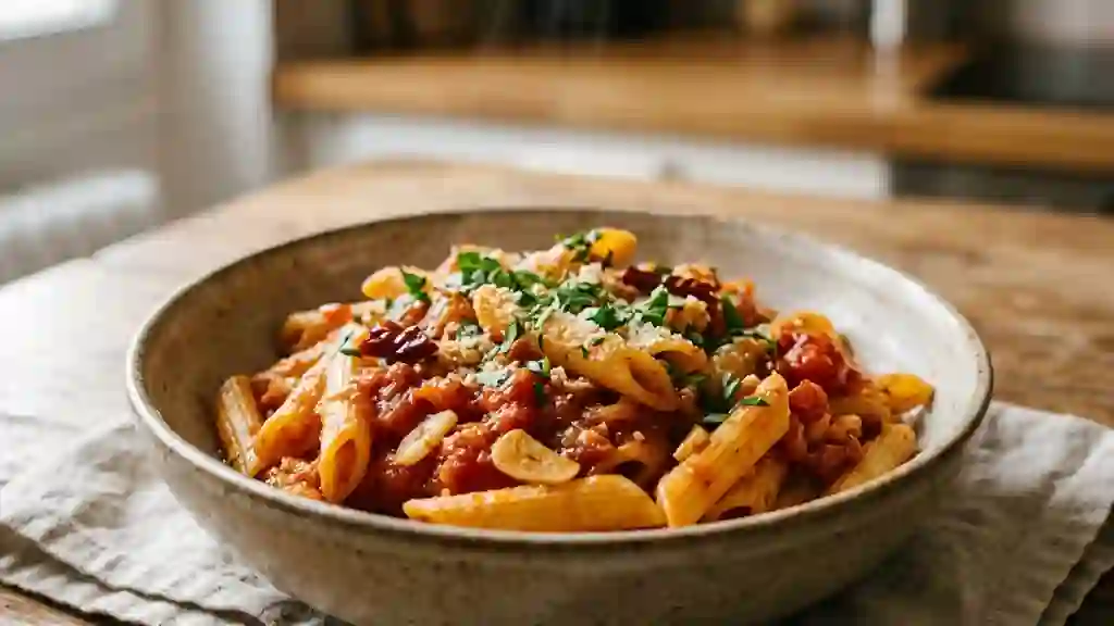 Penne all'arrabiata piquantes et aillées - Photo de présentation